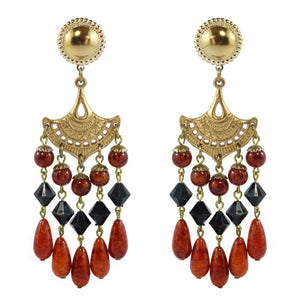 Vintage Unsigned Multi Bead - Gold Tone Dangle Earrings (Clip-on)