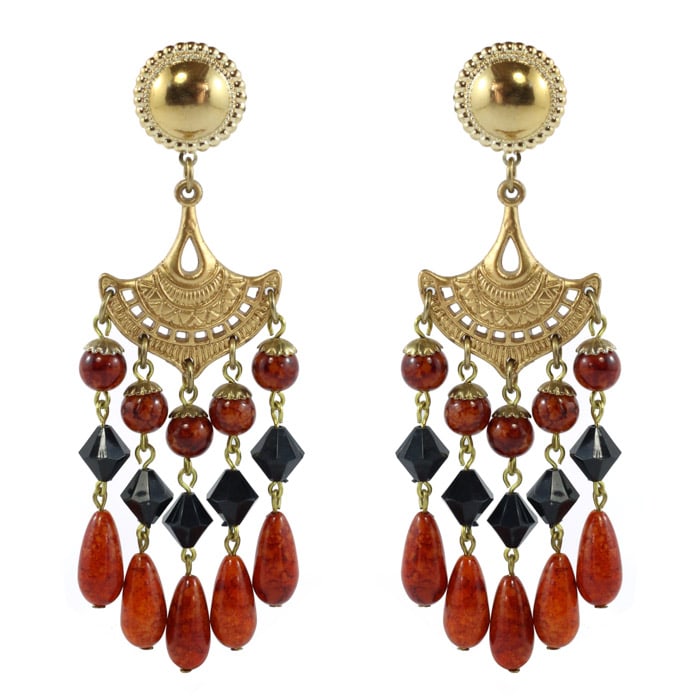 Vintage Unsigned Multi Bead - Gold Tone Dangle Earrings (Clip-on)