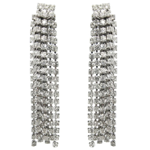 Vintage Clear Crystal Rhinestone Long Tassel Earrings c. 1970 (Clip-on)