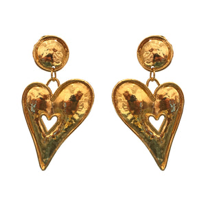 Edouard Rambaud Vintage Large Beaten Gold Heart Earrings (Clip-On) c.1980s