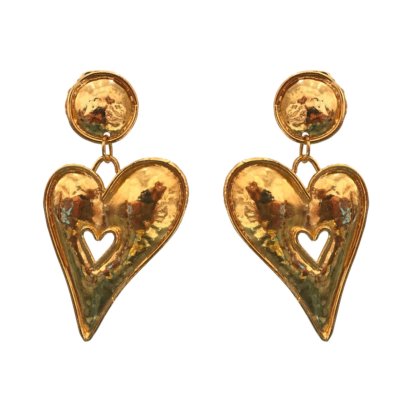 Edouard Rambaud Vintage Large Beaten Gold Heart Earrings (Clip-On) c.1980s
