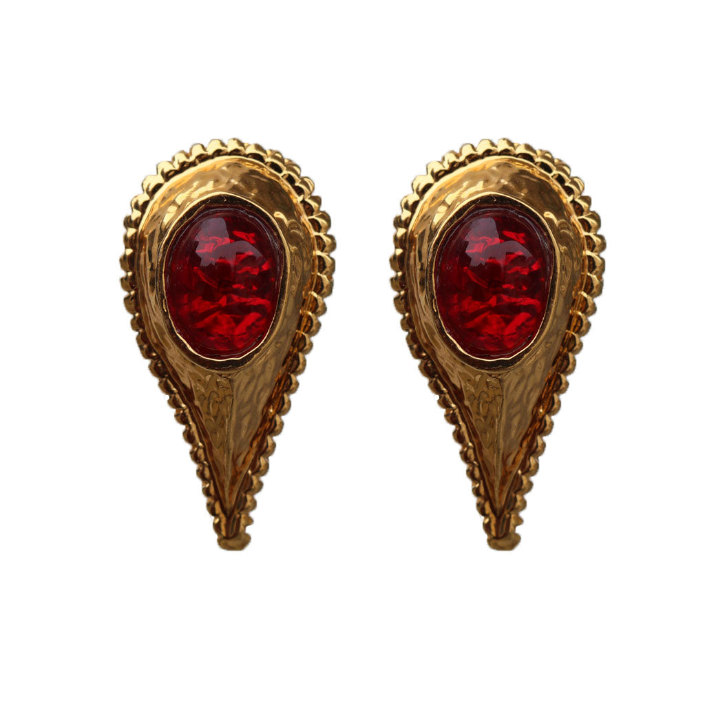 Dominque Aurientis Signed Red and Gold Upside Down Tear Drop Earrings (Clip-On)