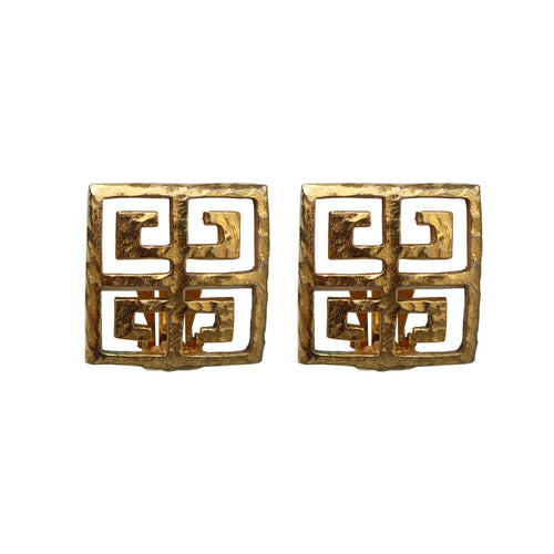 Vintage Givenchy Signed Beaten Gold Tone Square Oriental Earrings (Clip-On) c.1980s
