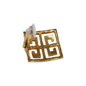 Vintage Givenchy Signed Beaten Gold Tone Square Oriental Earrings (Clip-On) c.1980s