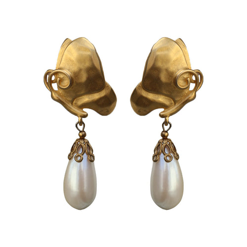 Givenchy Signed Vintage Gold Tone Pearl Drop Dangle Earrings (Clip-On) c.1980s