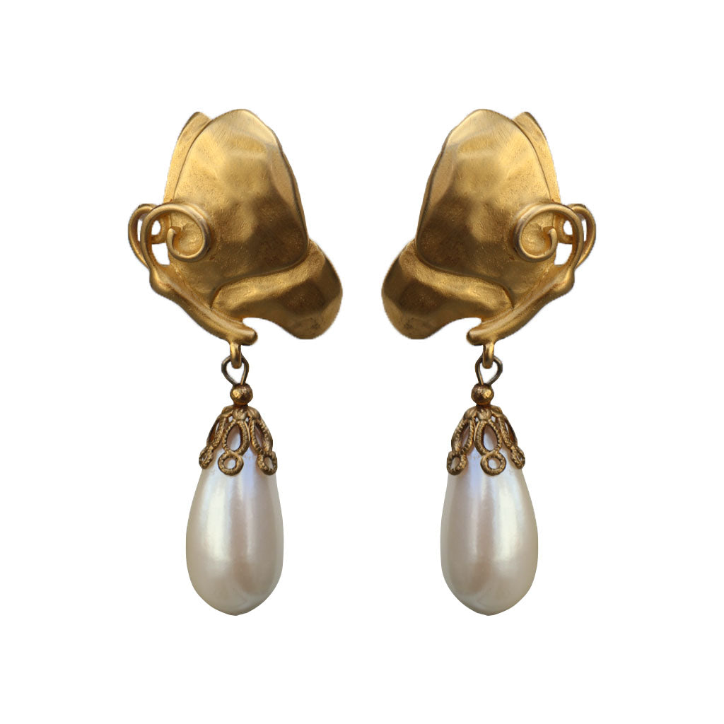 Givenchy Signed Vintage Gold Tone Pearl Drop Dangle Earrings (Clip-On) c.1980s