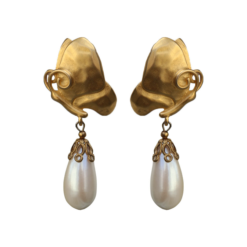 Givenchy Signed Vintage Gold Tone Pearl Drop Dangle Earrings (Clip-On) c.1980s