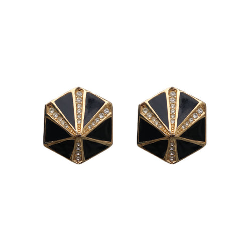 Vintage Signed 'Christian Dior' Gold Tone, Black Enamel & Clear Crystal Hexagonal Earrings (Clip-On) c.1970s