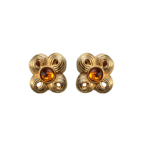 Givenchy Signed Vintage Gold & Amber Tone Four Leaf Clover Earrings (Clip-on)