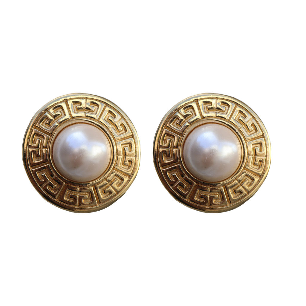 Vintage Signed 'Givenchy' Gold Tone Large Round Centre Pearl Earrings (Clip-On) c.1980s