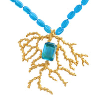 Load image into Gallery viewer, Signed Kenneth Jay Lane Vintage Gold Coral Branch &amp; Turquoise Blue Glass Beaded Necklace c.1980s