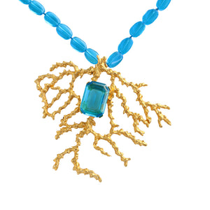 Signed Kenneth Jay Lane Vintage Gold Coral Branch & Turquoise Blue Glass Beaded Necklace c.1980s