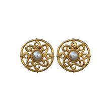 Load image into Gallery viewer, Signed &#39;Celine&#39; Vintage Intricate Gold Detail &amp; Centre Pearl Earrings (Clip-On) c.1990s