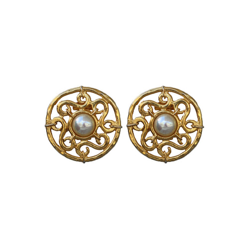 Signed 'Celine' Vintage Intricate Gold Detail & Centre Pearl Earrings (Clip-On) c.1990s