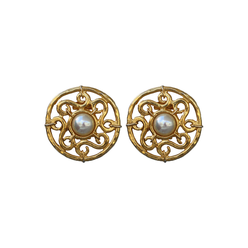 Signed 'Celine' Vintage Intricate Gold Detail & Centre Pearl Earrings (Clip-On) c.1990s