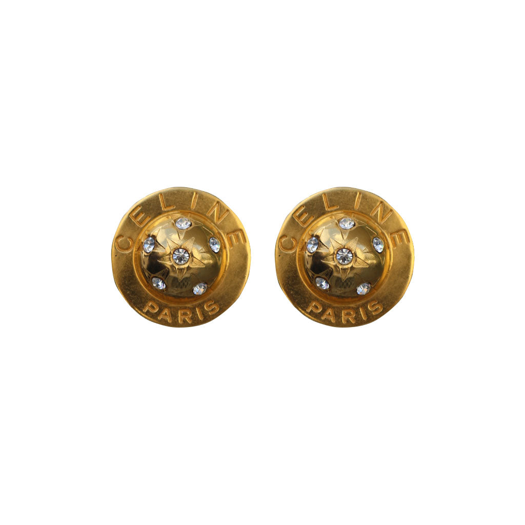 Signed 'Celine' Vintage Round Gold Tone & Clear Crystal Earrings (Clip-On) Late c.1980s