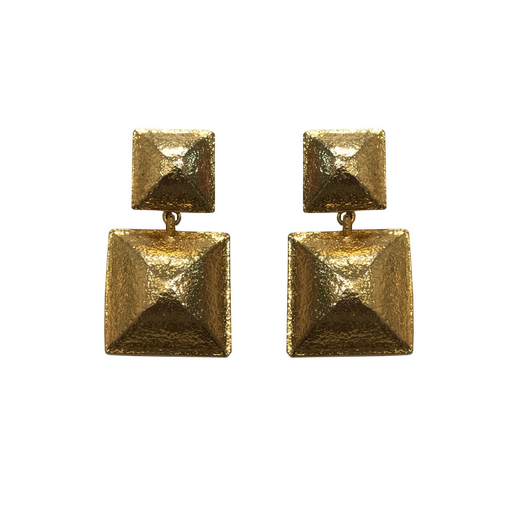 Yves Saint Laurent Signed 'YSL' Beaten Textured Gold Tone Double Square Drop Earrings (Clip-On) c.1980s