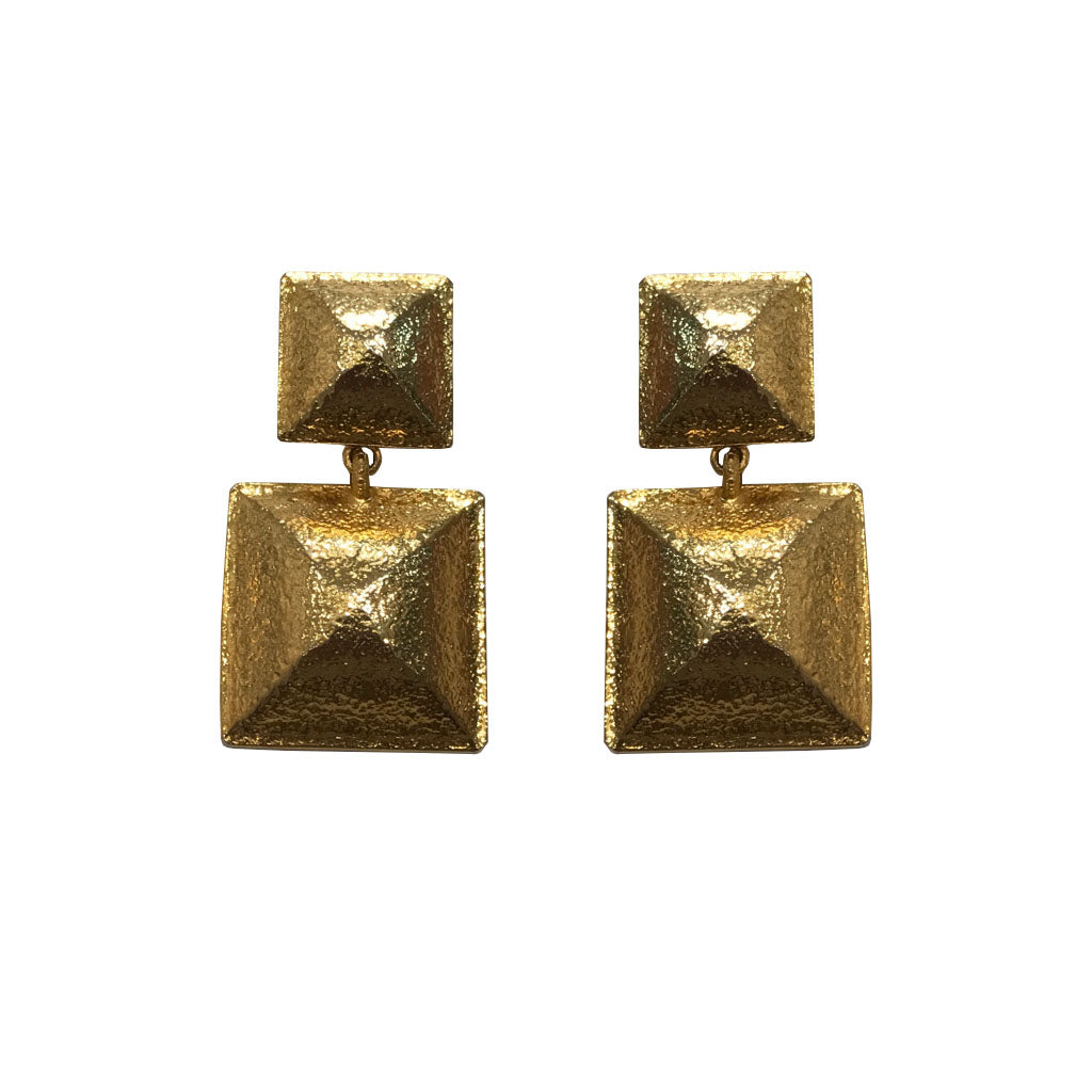 Yves Saint Laurent Signed 'YSL' Beaten Textured Gold Tone Double Square Drop Earrings (Clip-On) c.1980s