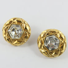 Load image into Gallery viewer, Signed Vintage Chanel Quilted Round Gold Earrings With Crystal c. 1990s (Clip-on)