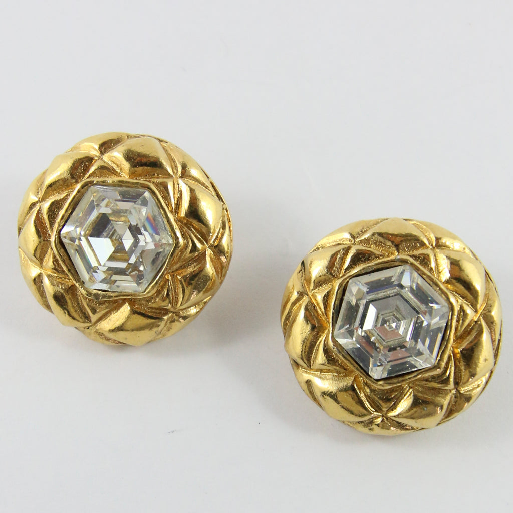 Signed Vintage Chanel Quilted Round Gold Earrings With Crystal c. 1990s (Clip-on)