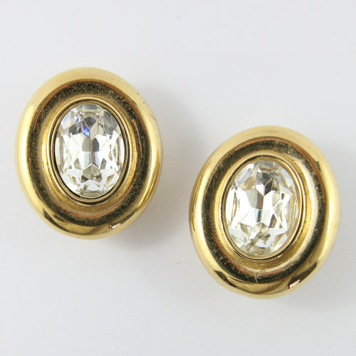 Vintage Signed 'Givenchy' Gold Tone Large Oval Earrings With Crystal (Clip-On) c.1980s