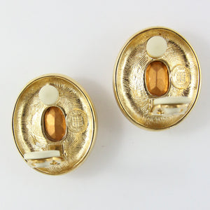 Vintage Signed 'Givenchy' Gold Tone Large Oval Earrings With Crystal (Clip-On) c.1980s
