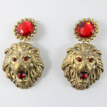 Load image into Gallery viewer, Vintage Gold-Tone Lion Earrings With Red Resin Crystals (New York)