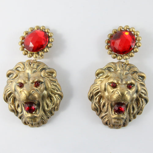 Vintage Gold-Tone Lion Earrings With Red Resin Crystals (New York)