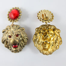 Load image into Gallery viewer, Vintage Gold-Tone Lion Earrings With Red Resin Crystals (New York)