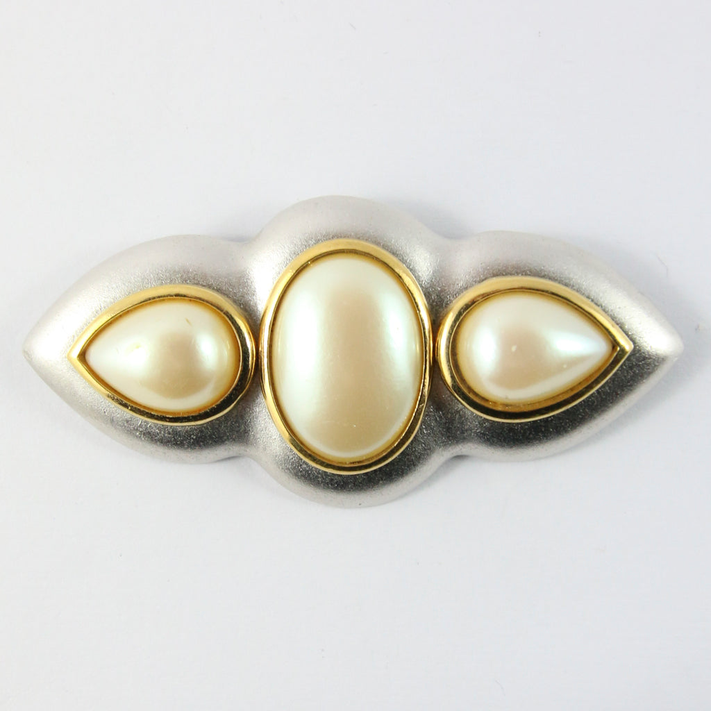 Yves Saint Laurent Signed 'YSL' Vintage Silver Plated Brooch With Gold Outlines Faux Pearls