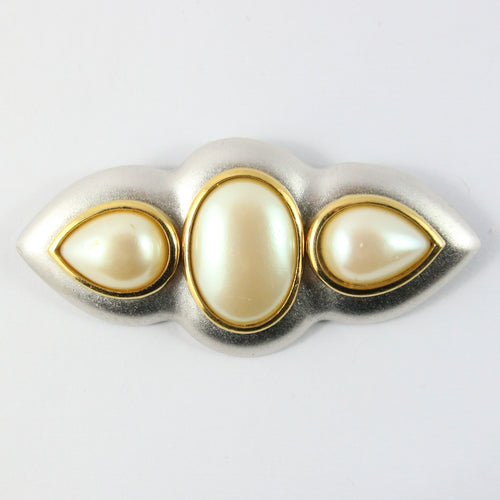 Yves Saint Laurent Signed 'YSL' Vintage Silver Plated Brooch With Gold Outlines & Faux Pearls
