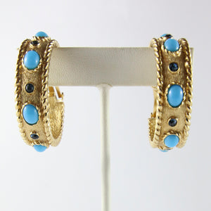 Christian Dior Signed Vintage Hoop Gold Tone Earrings With Turquoise Cabochon Stones (Clip-on) - Harlequin Market