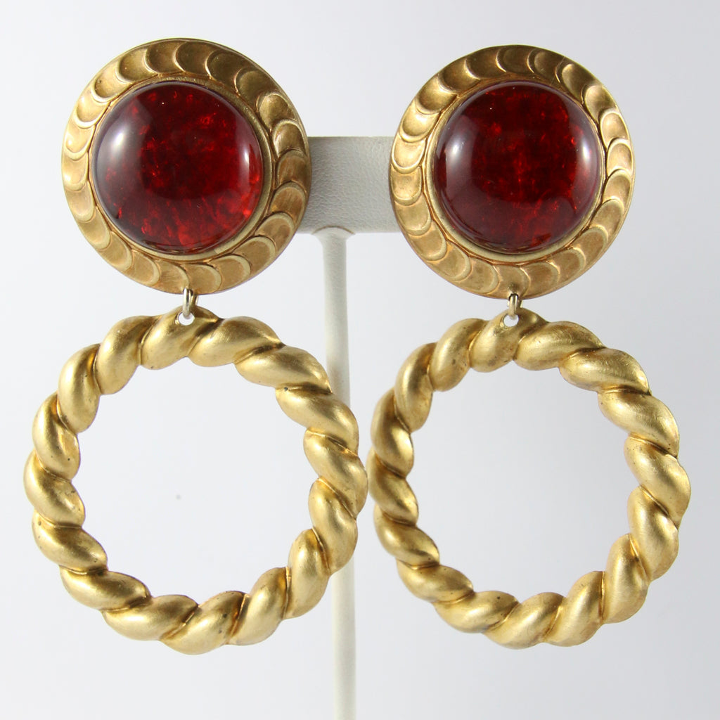 Vintage Gold-Tone Hoop Earrings With Red Stone (New York)