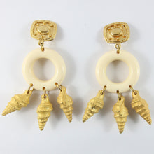 Load image into Gallery viewer, Vintage Cream Hoop Earrings With Gold-Tone Dangly Shells