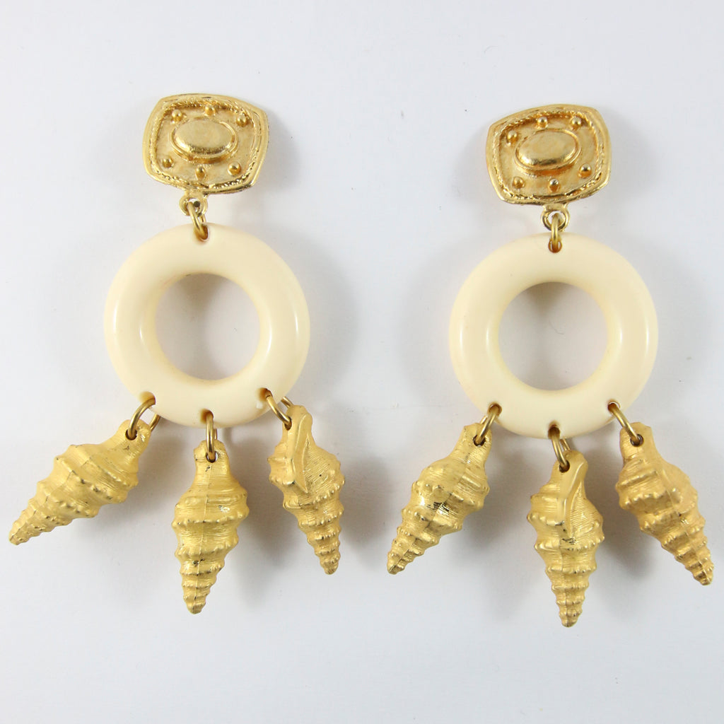 Vintage Cream Hoop Earrings With Gold-Tone Dangly Shells