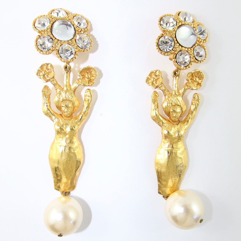 Signed Vintage Statement Christian Lacroix Earrings with Faux Pearl & Crystals