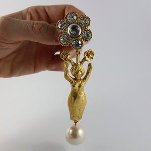 Signed Vintage Statement Christian Lacroix Earrings with Faux Pearl & Crystals