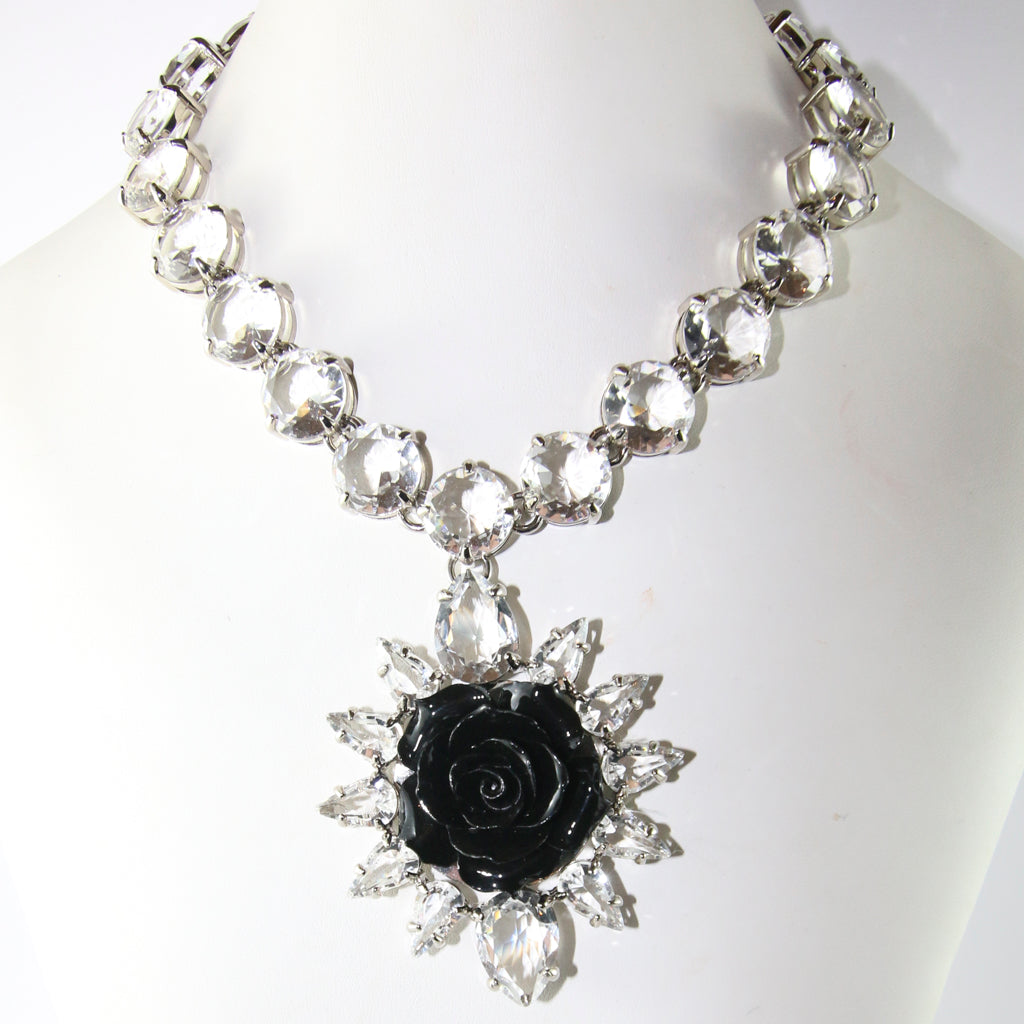 Signed Prada Statement Clear & Black Crystal Rose Pendant Necklace