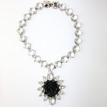 Load image into Gallery viewer, Signed Prada Statement Clear &amp; Black Crystal Rose Pendant Necklace