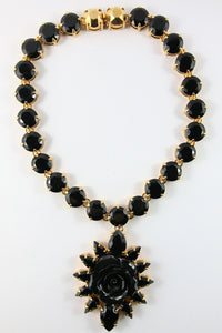 Signed Prada Statement Black Crystal Rose Pendant Necklace - Gold & Black