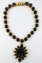 Load image into Gallery viewer, Signed Prada Statement Black Crystal Rose Pendant Necklace - Gold &amp; Black
