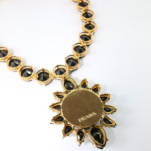 Signed Prada Statement Black Crystal Rose Pendant Necklace - Gold & Black