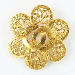 Signed Vintage Chanel Gold Plated Floral Tag Brooch