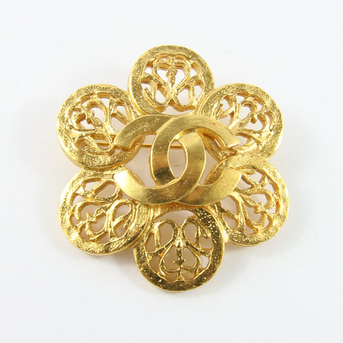 Signed Vintage Chanel Gold Plated Floral Tag Brooch