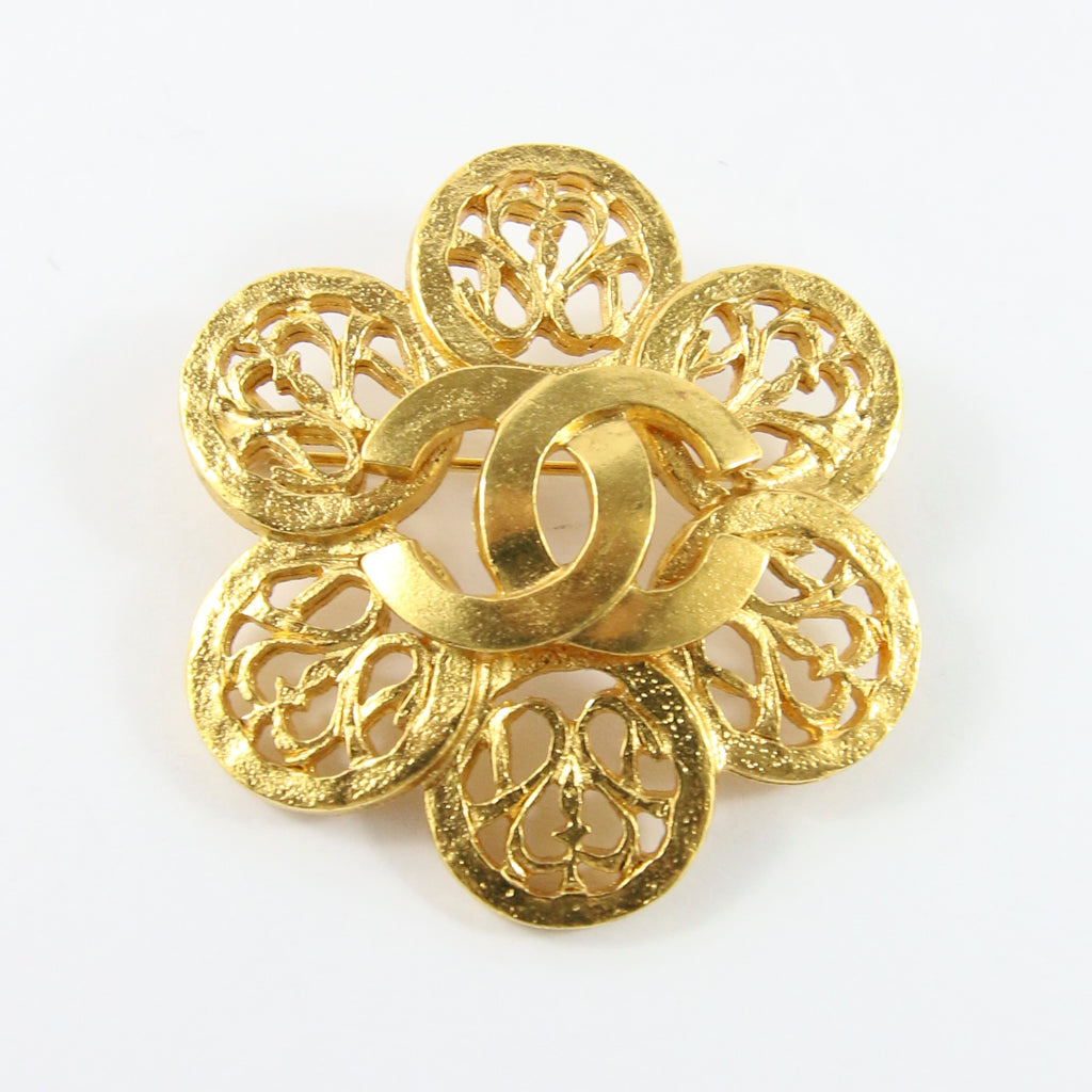 Signed Vintage Chanel Gold Plated Floral Tag Brooch