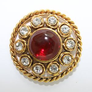 Signed Vintage Chanel Red Gripoix Gold Plated Tag Brooch With Crystals