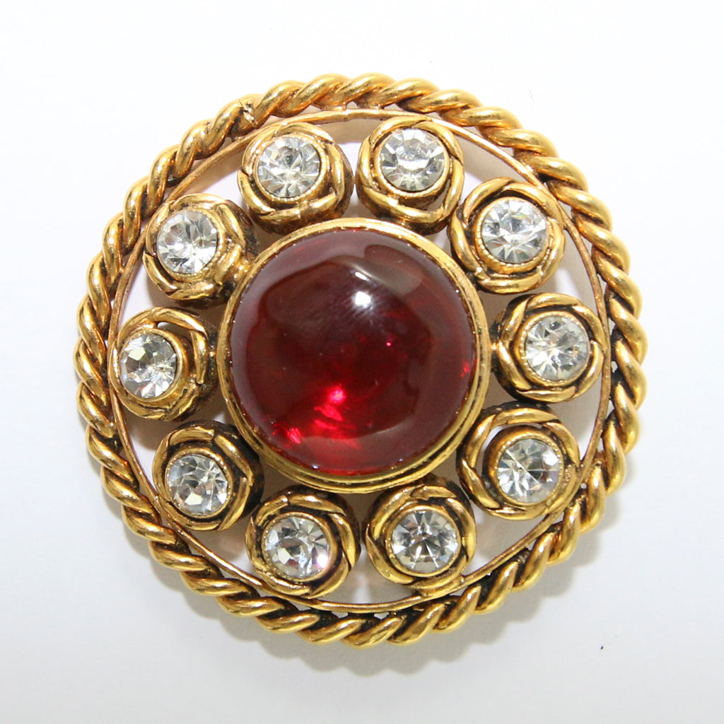 Signed Vintage Chanel Red Gripoix Gold Plated Tag Brooch With Crystals