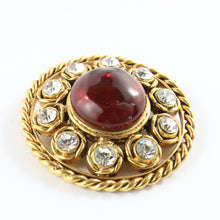 Load image into Gallery viewer, Signed Vintage Chanel Red Gripoix Gold Plated Tag Brooch With Crystals