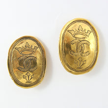 Load image into Gallery viewer, Vintage Signed Chanel CC Gold Oval Earrings With Crown Design c. 1980s (Clip-on)
