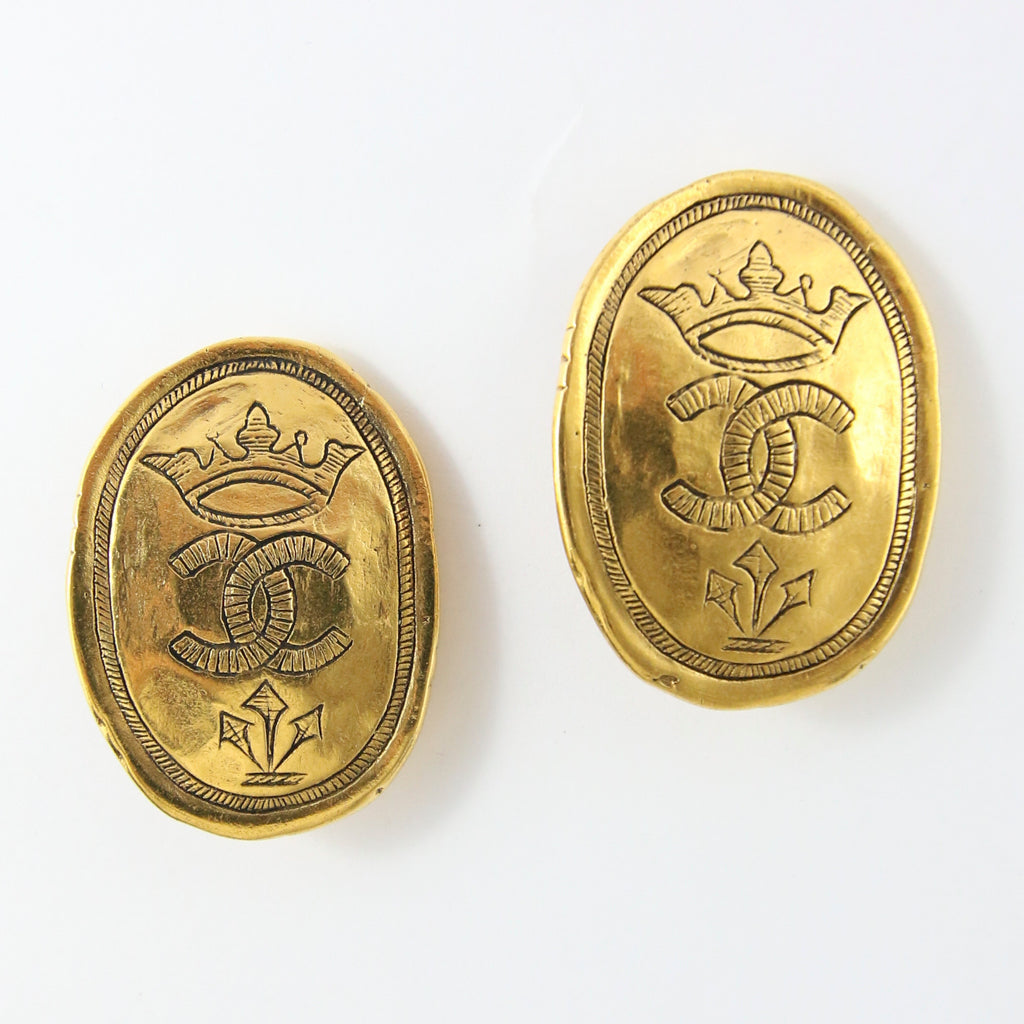 Vintage Signed Chanel CC Gold Oval Earrings With Crown Design c. 1980s (Clip-on)